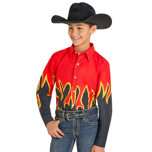Rock & Roll Boy's Modern Vintage Flame Long Sleeve Snap Shirt - Black