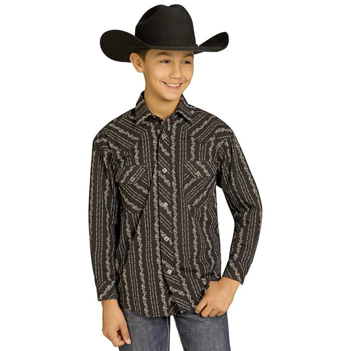 Rock & Roll Boy's Wallpaper Printed Long Sleeve Snap Shirt - Black