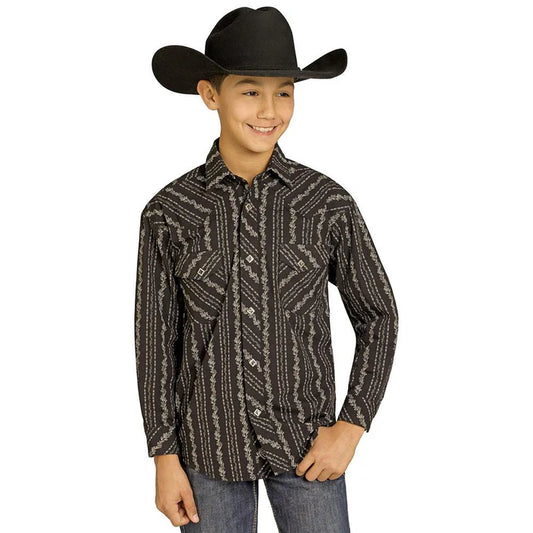 Rock & Roll Boy's Wallpaper Printed Long Sleeve Snap Shirt - Black