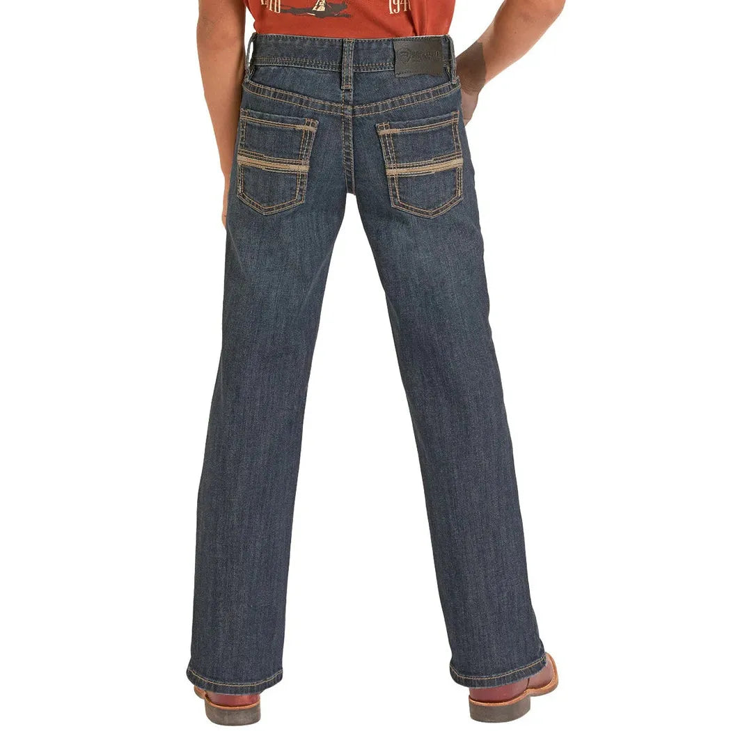 Rock & Roll Boy's Rope Stitch Embroidered Pocket Bootcut Jeans - Dark Wash