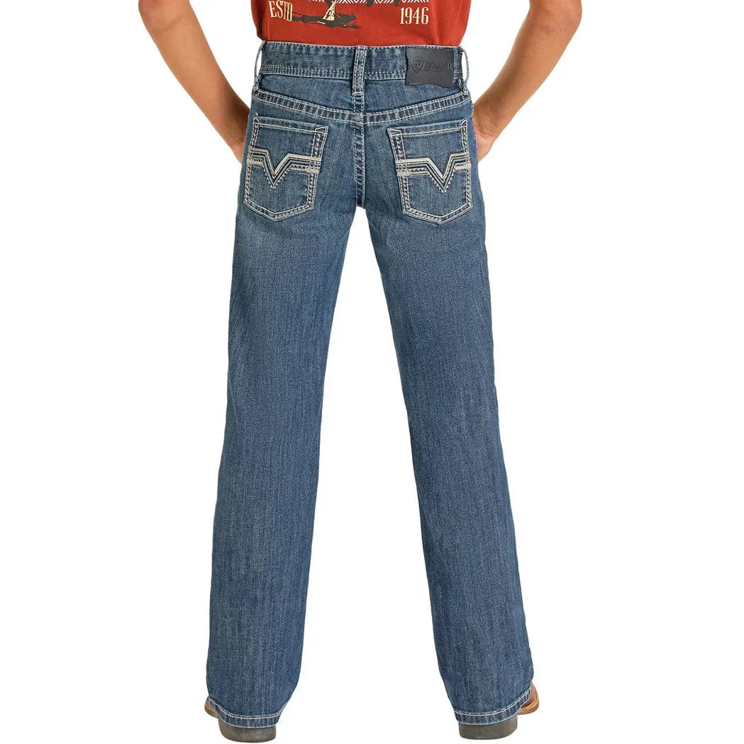 Rock & Roll Boy's Barbed Embroidered Pocket 2 Toned Pleather Bootcut Jeans - Medium Wash