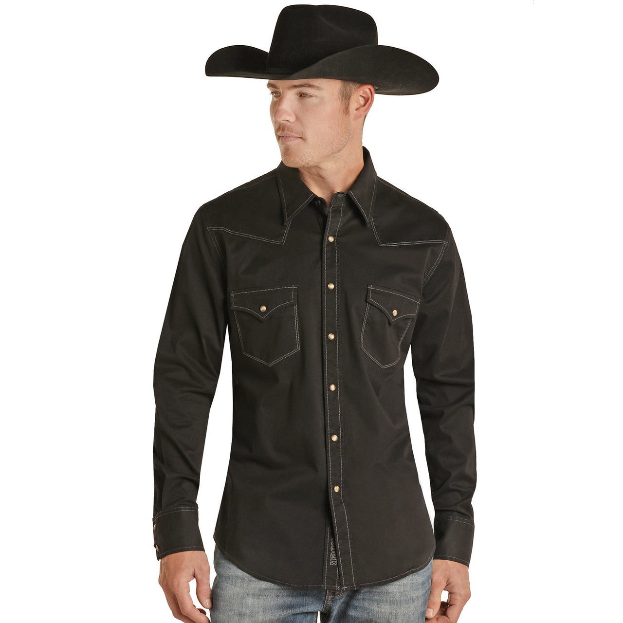 Rock & Roll Men's 2 Pocket Black Solid Twill Snap Shirt