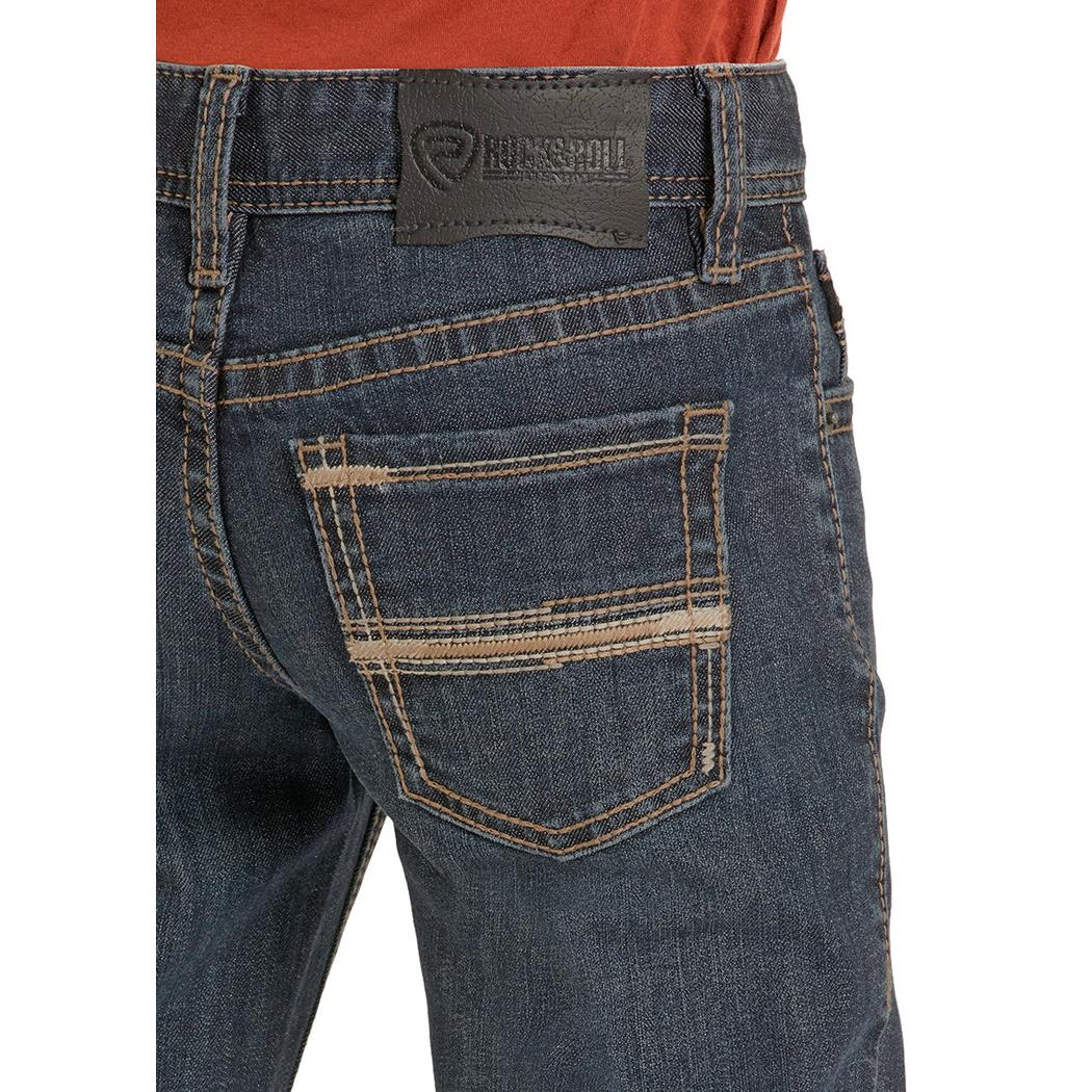 Rock & Roll Boy's Rope Stitch Embroidered Pocket Bootcut Jeans - Dark Wash