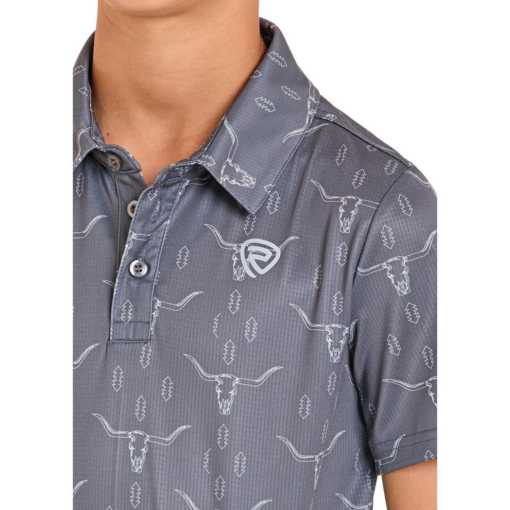 Rock & Roll Boy's  Longhorn/Steer Skull Printed Mesh Polo Short Sleeve Shirt - Charcoal