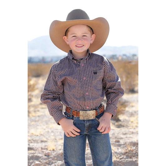 Cinch Boy's Long Sleeve Square Print Button Down Shirt - Pink