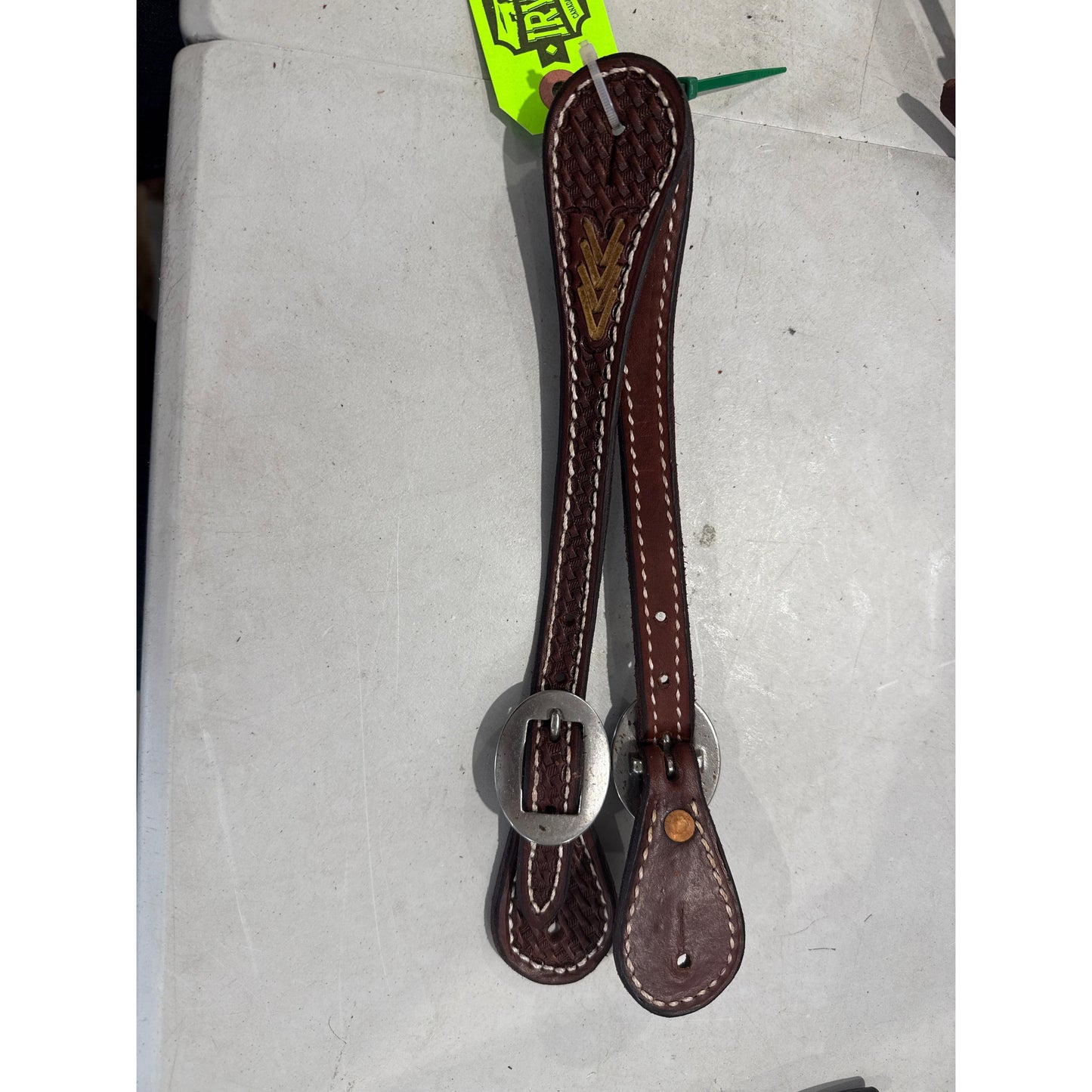 Irvine's Spur Strap Basket Stamp W/ Rawhide Arrow-Dark Oil