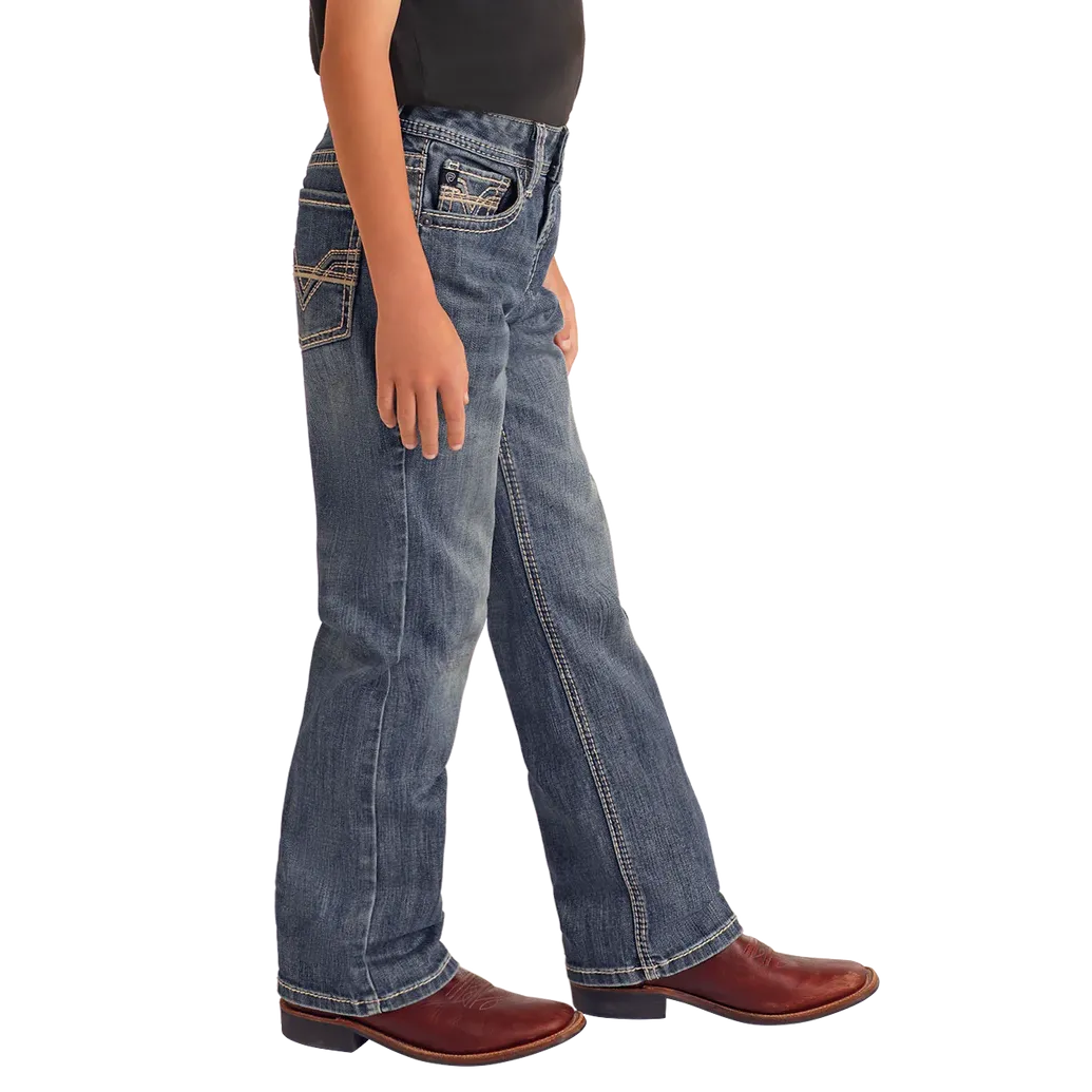 Rock & Roll Boy's Regular Fit Raised Denim Embroidered Bootcut Jeans- Medium Wash