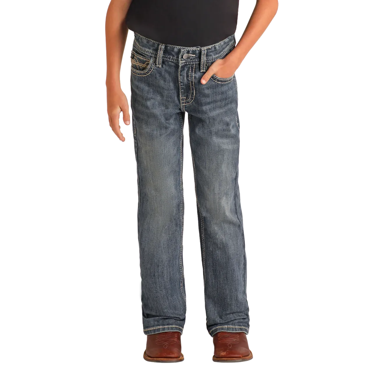 Rock & Roll Boy's Regular Fit Raised Denim Embroidered Bootcut Jeans- Medium Wash