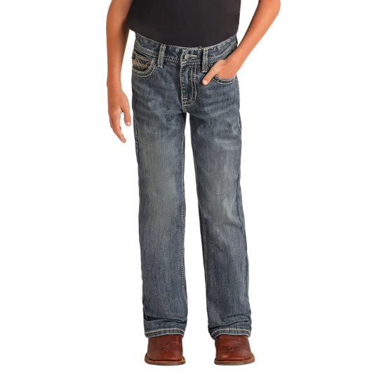 Rock & Roll Boy's Regular Fit Raised Denim Embroidered Bootcut Jeans- Medium Wash