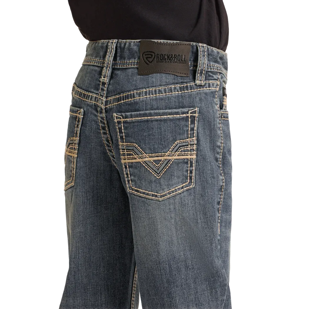 Rock & Roll Boy's Regular Fit Raised Denim Embroidered Bootcut Jeans- Medium Wash