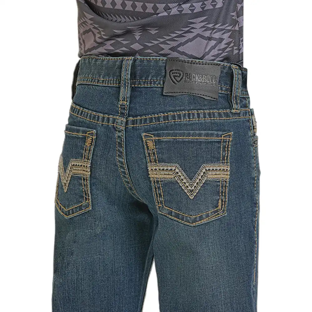 Rock & Roll Boy's Two Tone Embroidered Bootcut Jeans- Medium Vintage