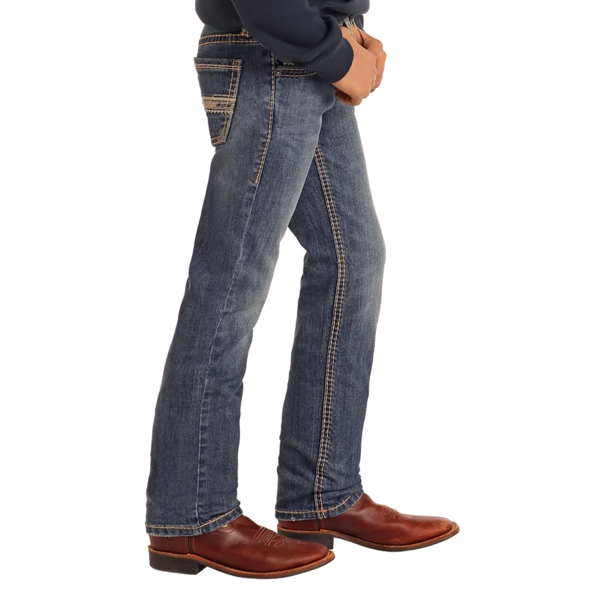 Rock & Roll Boy's Slim Fit Ivory Leather Emblem Revolver Straight Leg Jeans -  Medium Wash