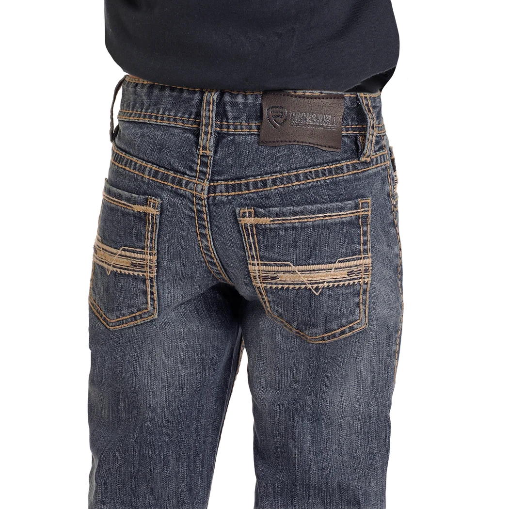 Rock & Roll Boy's Slim Fit Ivory Leather Emblem Revolver Straight Leg Jeans -  Medium Wash