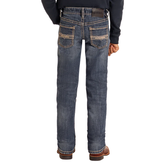 Rock & Roll Boy's Slim Fit Ivory Leather Emblem Revolver Straight Leg Jeans -  Medium Wash