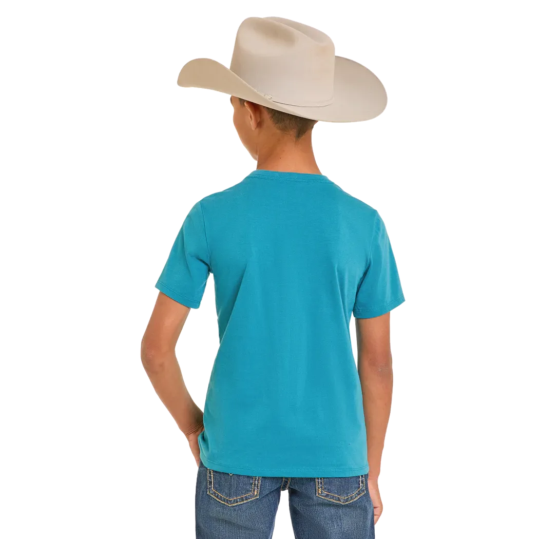 Rock & Roll Boy's Short Sleeve Bronco Rodeo Rider Graphic Tee Shirt - Turquoise