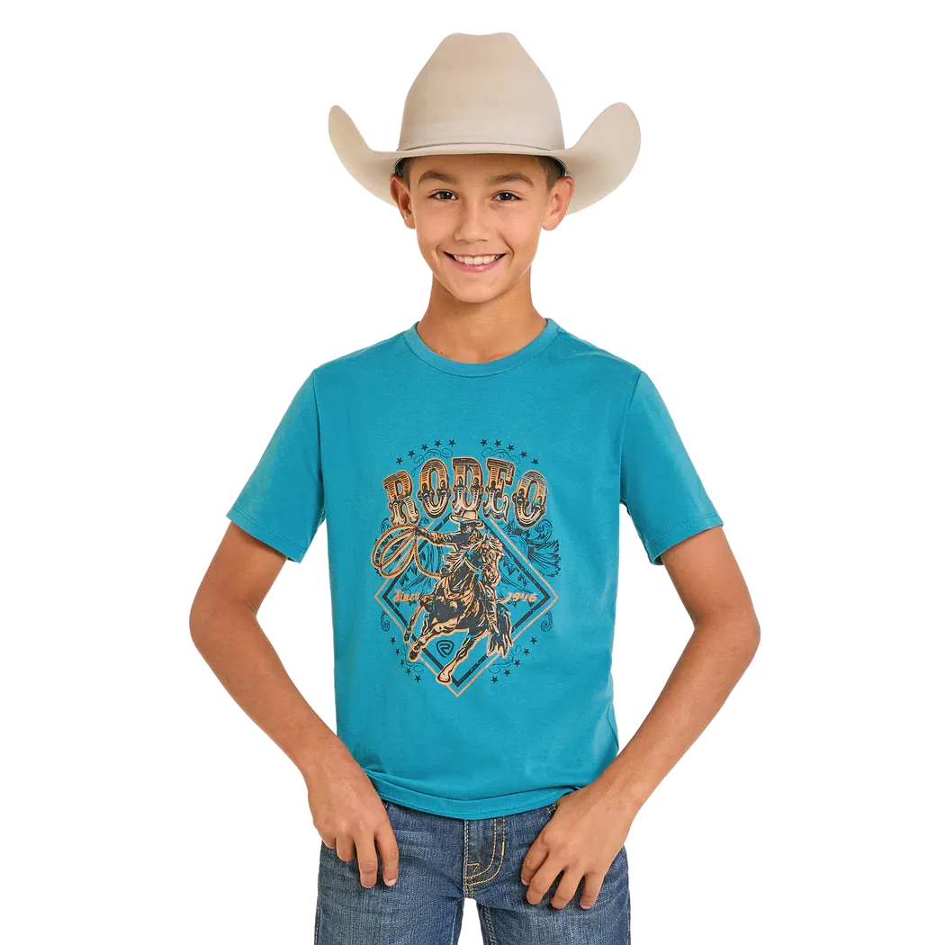 Rock & Roll Boy's Short Sleeve Bronco Rodeo Rider Graphic Tee Shirt - Turquoise