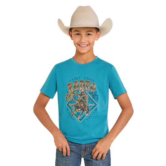 Rock & Roll Boy's Short Sleeve Bronco Rodeo Rider Graphic Tee Shirt - Turquoise