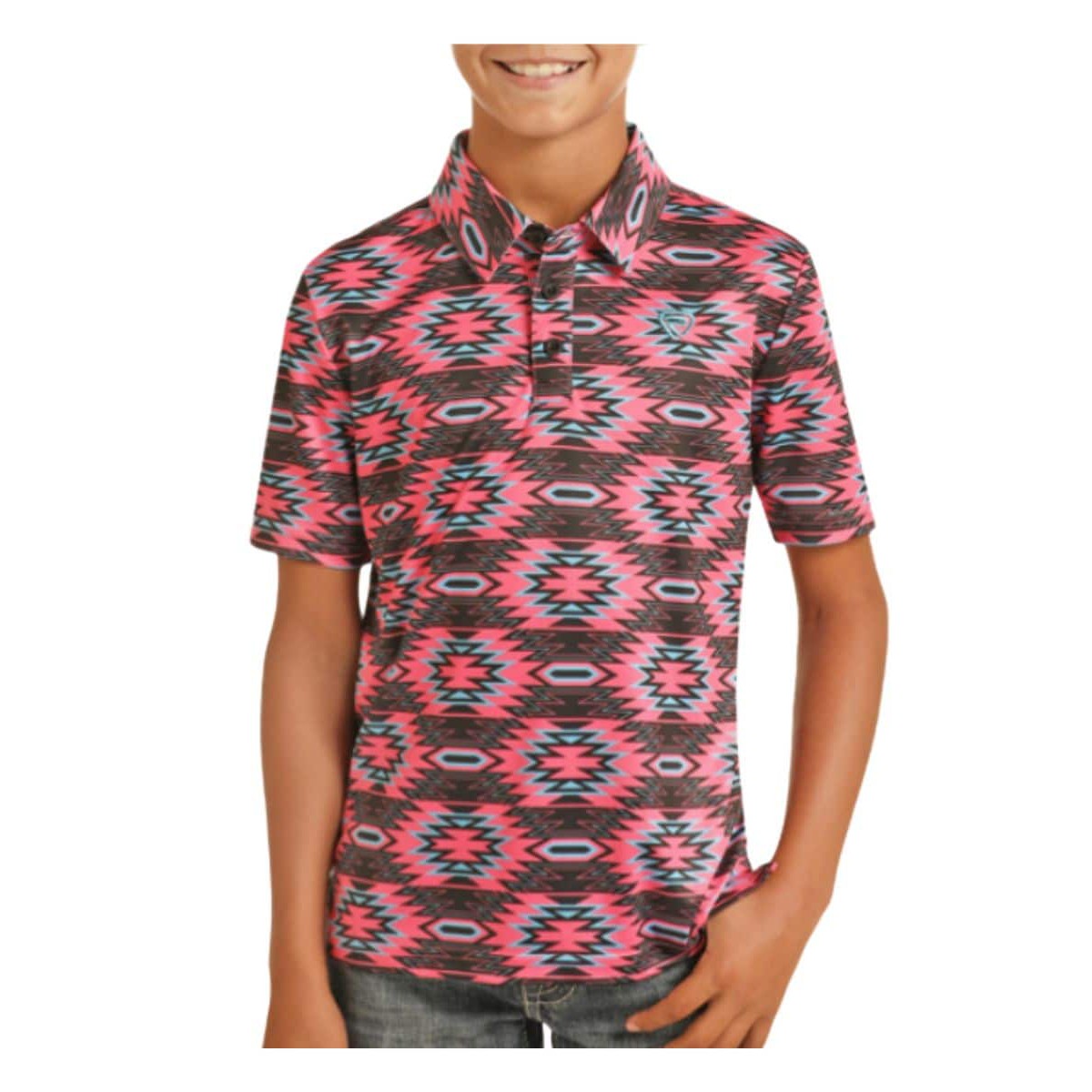 Rock & Roll Boy's Printed Aztec Polo - Hot Pink/Black/Blue