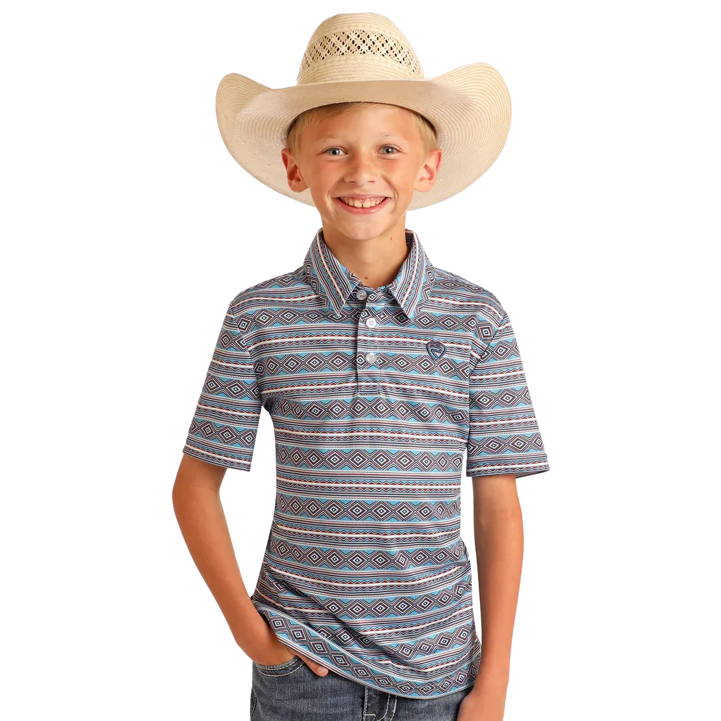 Rock & Roll Boy's  Short Sleeve Diamond Aztec Printed Polo- Blue