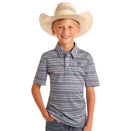 Rock & Roll Boy's  Short Sleeve Diamond Aztec Printed Polo- Blue