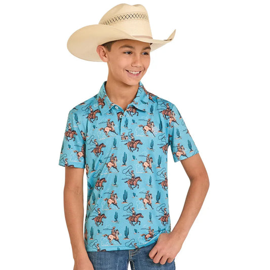 Rock & Roll Boy's Novelty Print Wild West Cowboy Short Sleeve Polo Shirt - Peacock