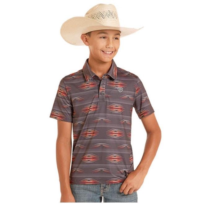 Rock & Roll Boy's Aztec Print Polo Short Sleeve Shirt - Charcoal