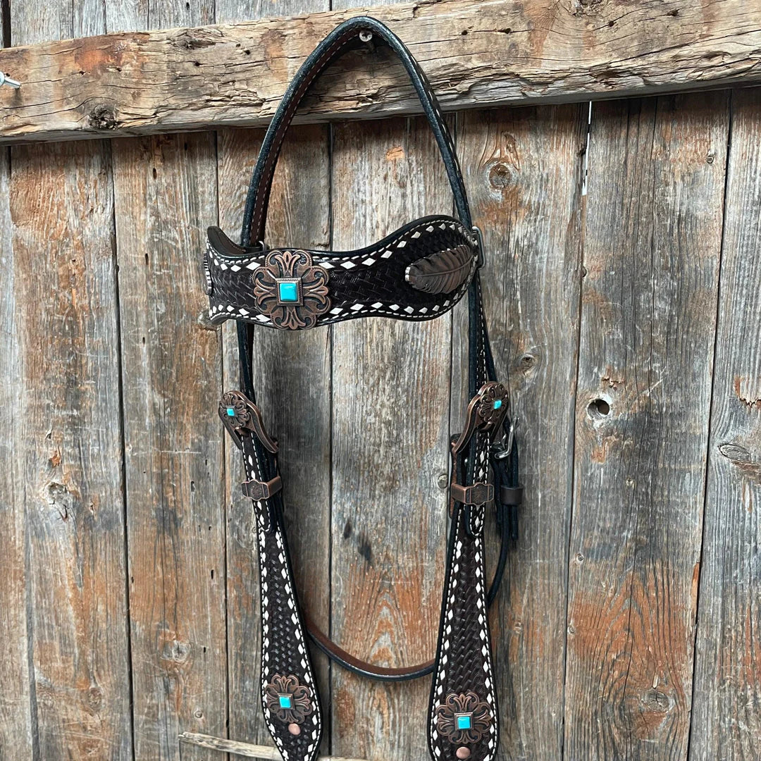 Rodeo Drive Dark Oil Buckstitch w Browband 1 Ear Breastcollar Tack Set Browband ONLY - Copper/Turquoise