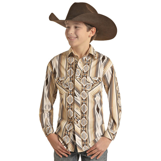 Rock & Roll Boy's  LS 2 Pocket Aztec Stripe Snap Shirt - Tan