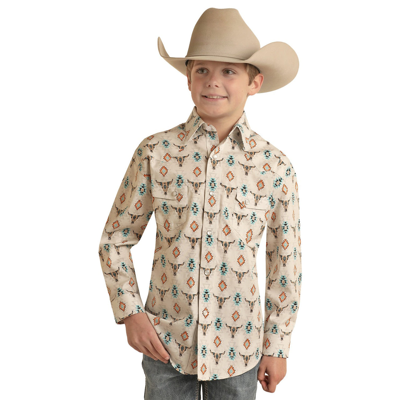 Rock & Roll Boy's 2 Pocket Long Sleeve Dale Woven Snap Shirt - Turquoise