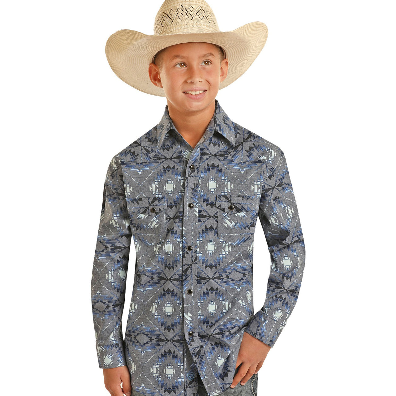 Rock & Roll Boy's Long Sleeve 2 Pocket Aztec Snap Shirt - Blue