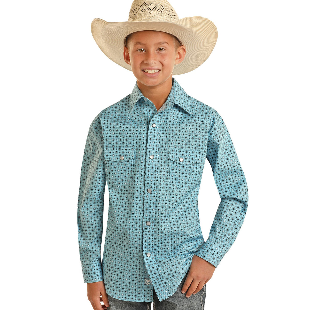 Rock & Roll Boy's Long Sleeve 2 Pocket Geometric Snap Shirt - Turquoise