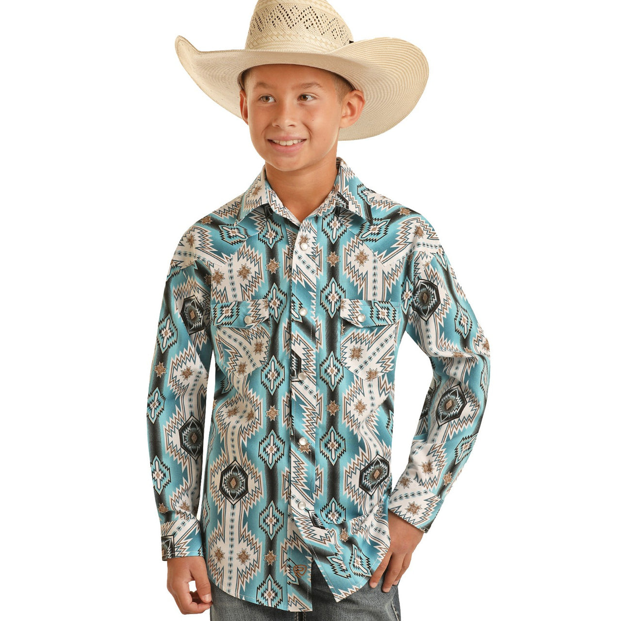 Rock & Roll Boy's Long Sleeve 2 Pocket Aztec Snap Shirt - Turquoise