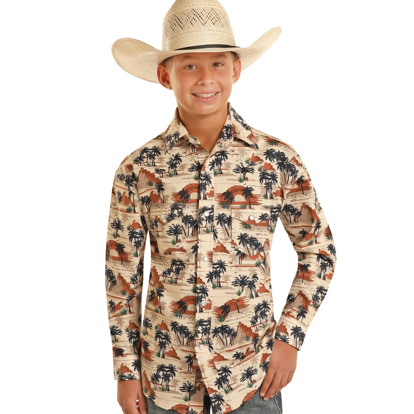 Rock & Roll Boy's Long Sleeve 2 Pocket Vacation Snap Shirt - Orange