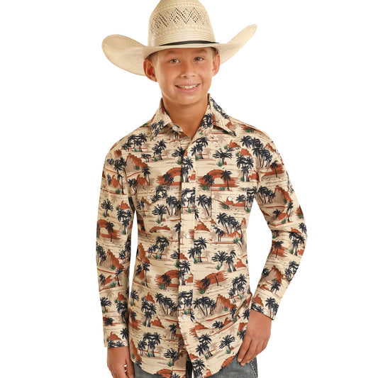 Rock & Roll Boy's Long Sleeve 2 Pocket Vacation Snap Shirt - Orange