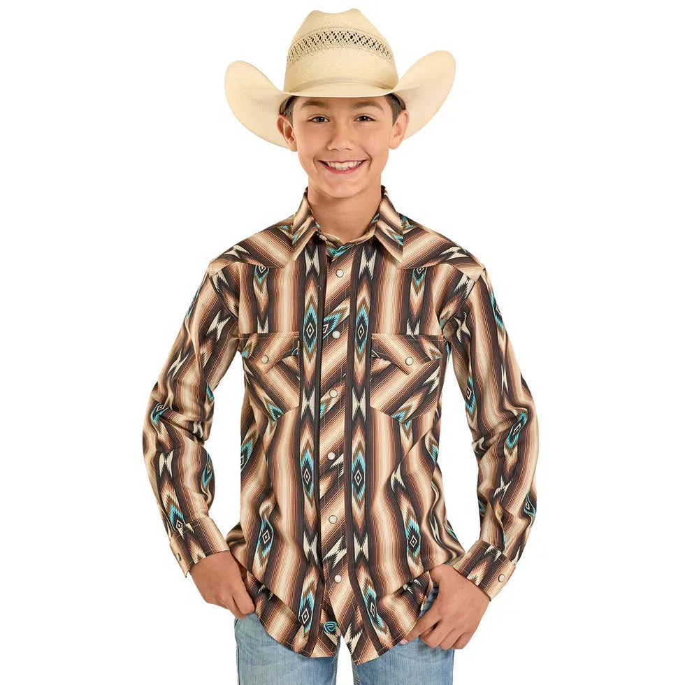 Rock & Roll Boy's Aztec Stripe Printed Long Sleeve Snap Shirt - Dark Brown