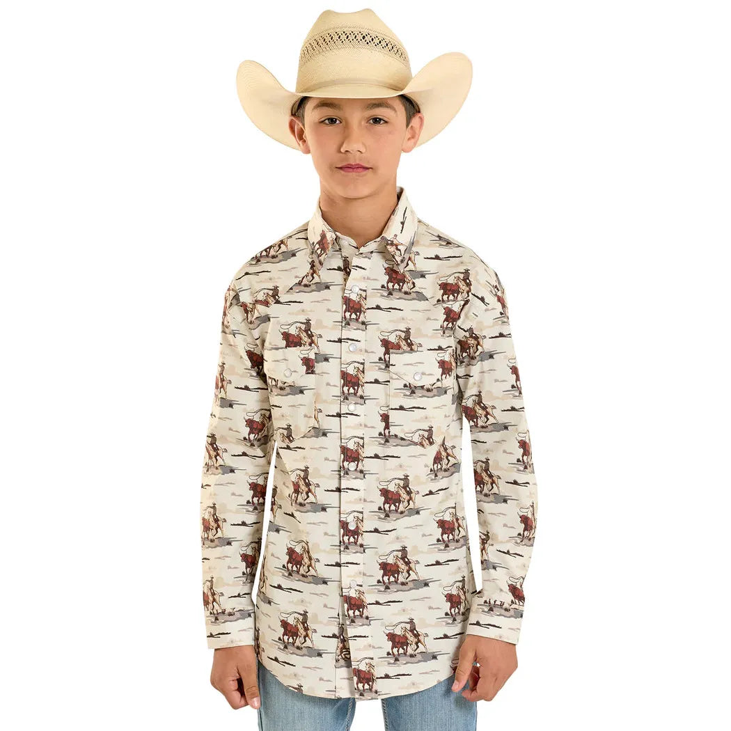 Rock & Roll Boy's Novelty Cowboy Print Long Sleeve Snap Shirt - Dark Brown