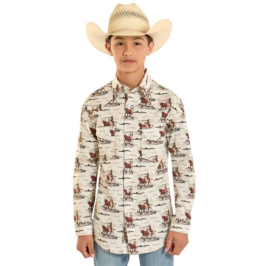 Rock & Roll Boy's Novelty Cowboy Print Long Sleeve Snap Shirt - Dark Brown