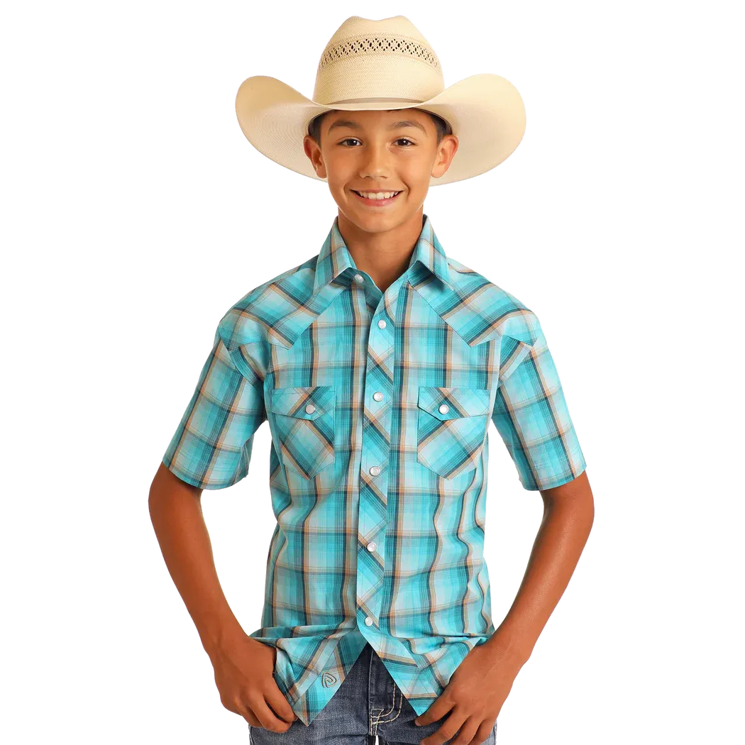 Rock & Roll Boy's Short Sleeve Plaid Dobby Snap Shirt- Bright Turquoise