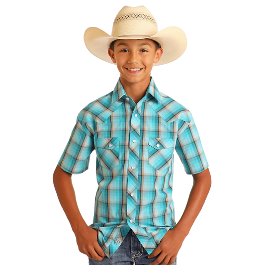 Rock & Roll Boy's Short Sleeve Plaid Dobby Snap Shirt- Bright Turquoise