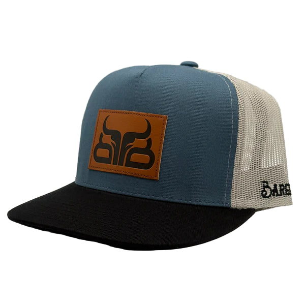 Baredown Brand Stockman Stamp Flat Bill Cap -  Light Blue/Black/White