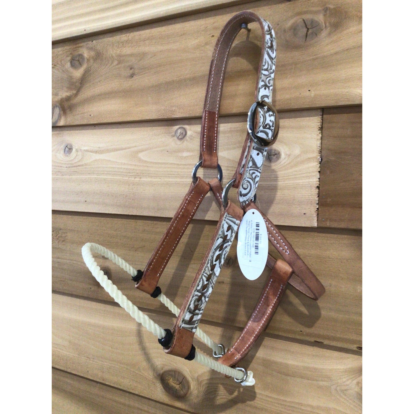 San Saba 1" Harness Leather Halter w/ Rope Nose -Floral & Buckstitch
