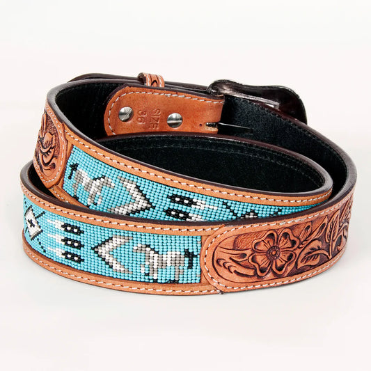 Bar H Western Leather Belt Tan - Turquoise