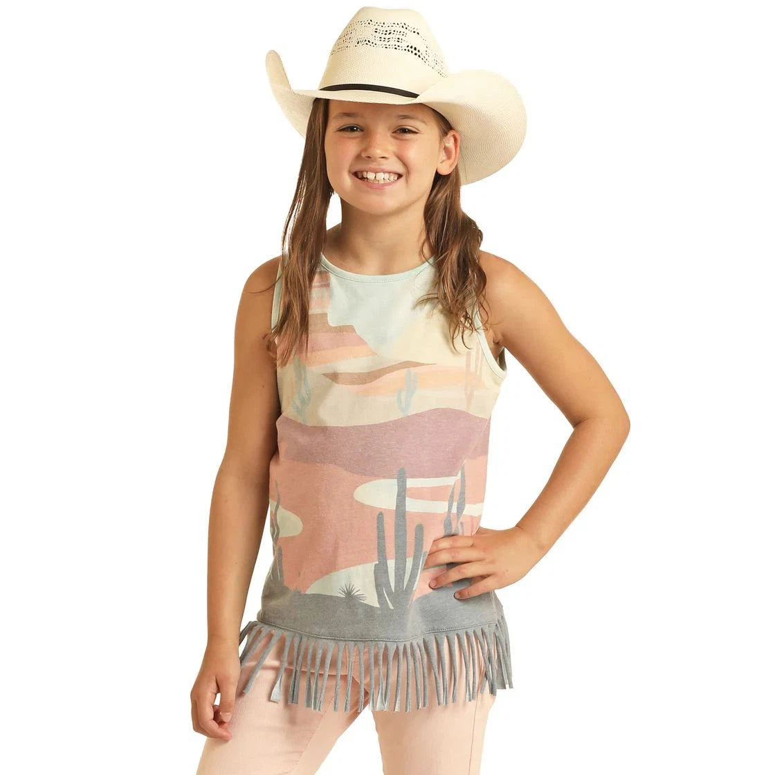 Rock & Roll Girl's Desert Scenery Tank Top w/ Fringed Hem - Teal