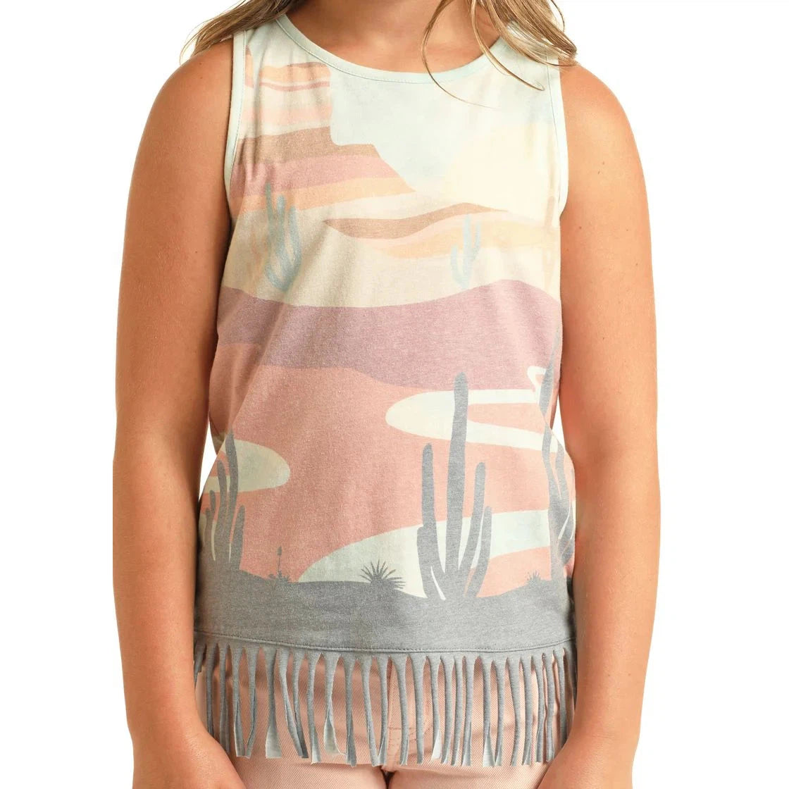 Rock & Roll Girl's Desert Scenery Tank Top w/ Fringed Hem - Teal