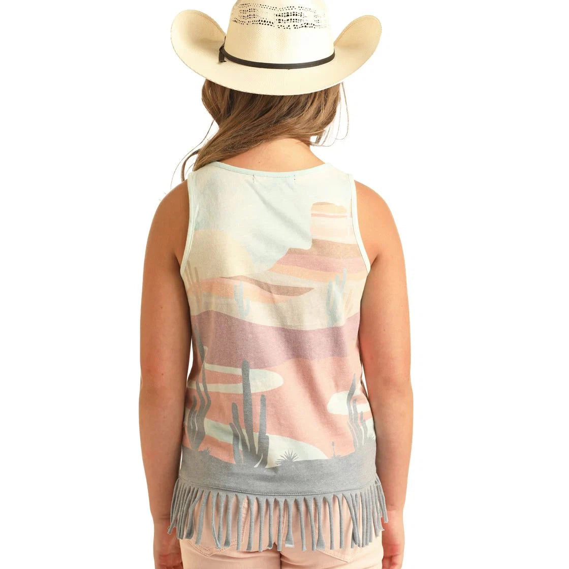 Rock & Roll Girl's Desert Scenery Tank Top w/ Fringed Hem - Teal