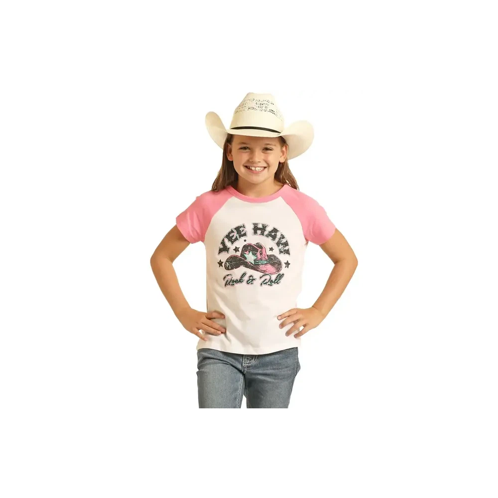 Rock & Roll Cowgirl Girl's Yee Haw Tee - White w/Pink Sleeves