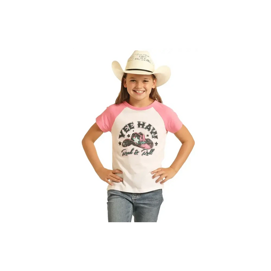 Rock & Roll Cowgirl Girl's Yee Haw Tee - White w/Pink Sleeves