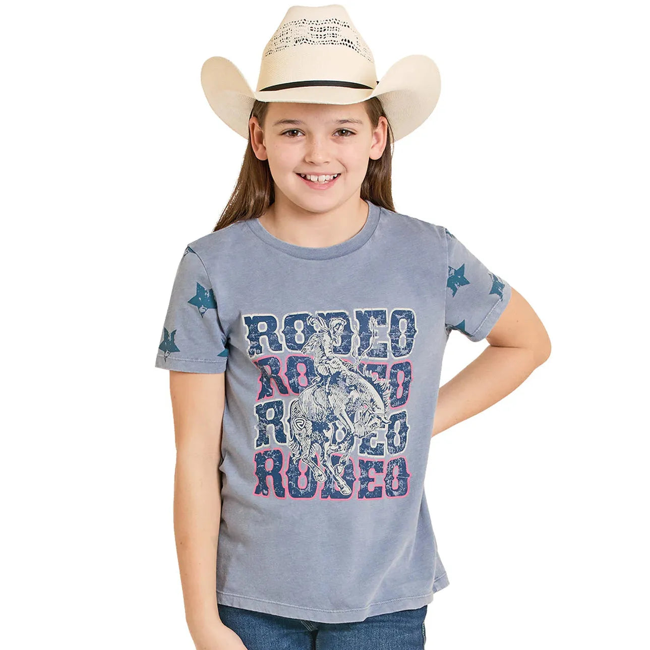Rock & Roll Girl's  Graphic Tee with Star Print-Blue