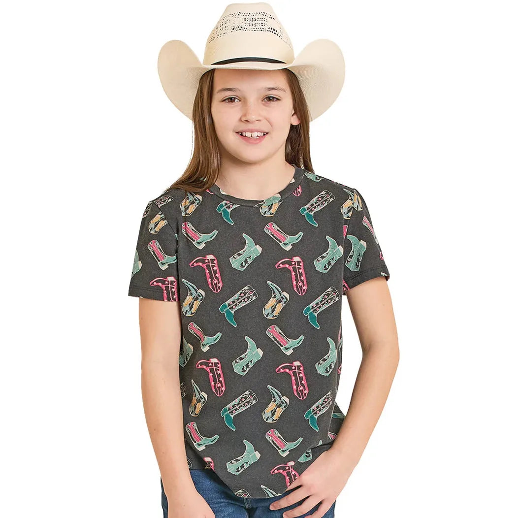Rock & Roll Girl's Boot Print Short Sleeve Tee Shirt - Black
