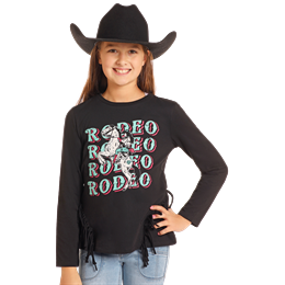 Rock & Roll  Girl's Long Sleeve Graphic Shirt with Fringe - Black